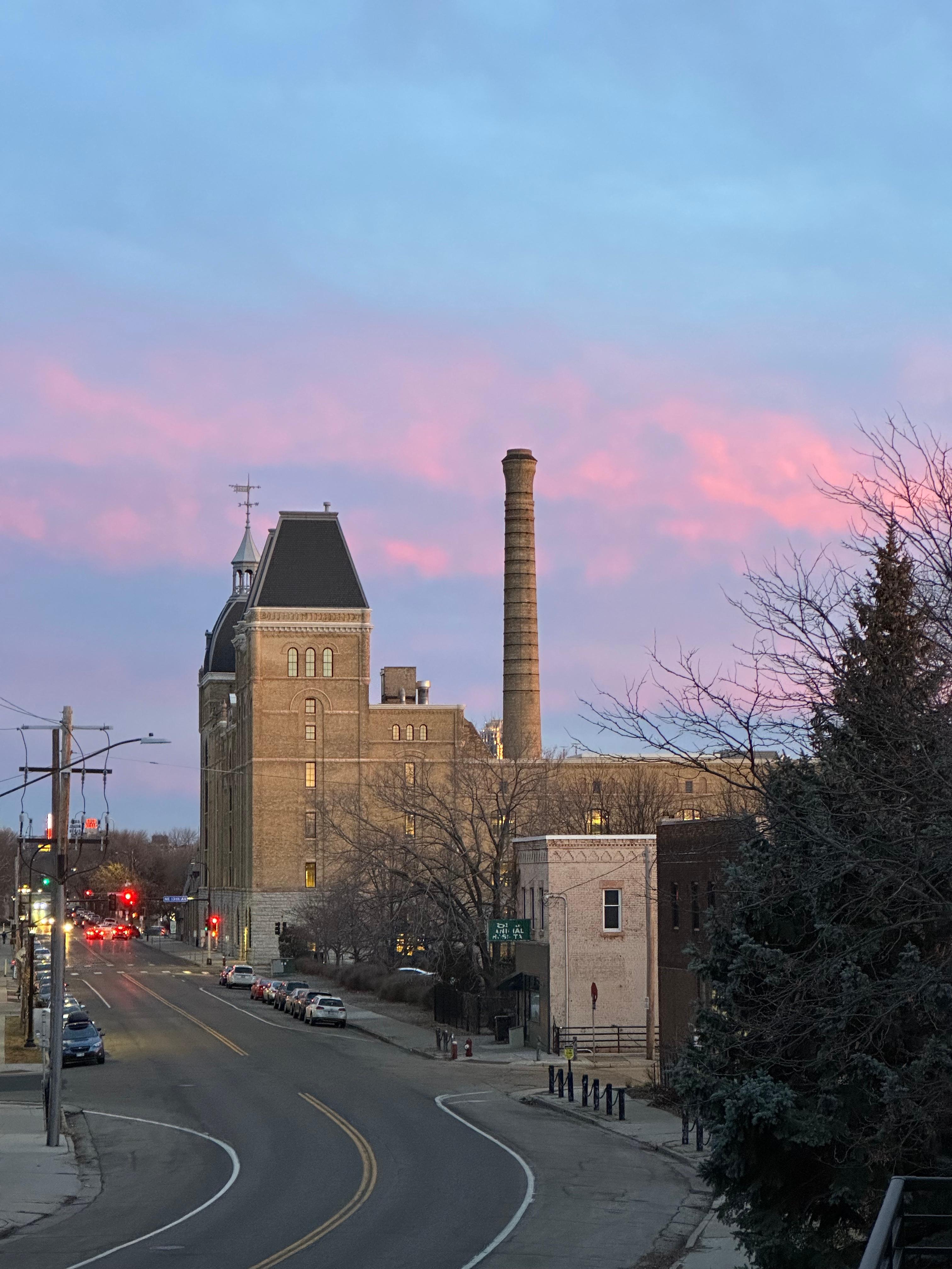 Old brewery building at dusk, photographed September 2023